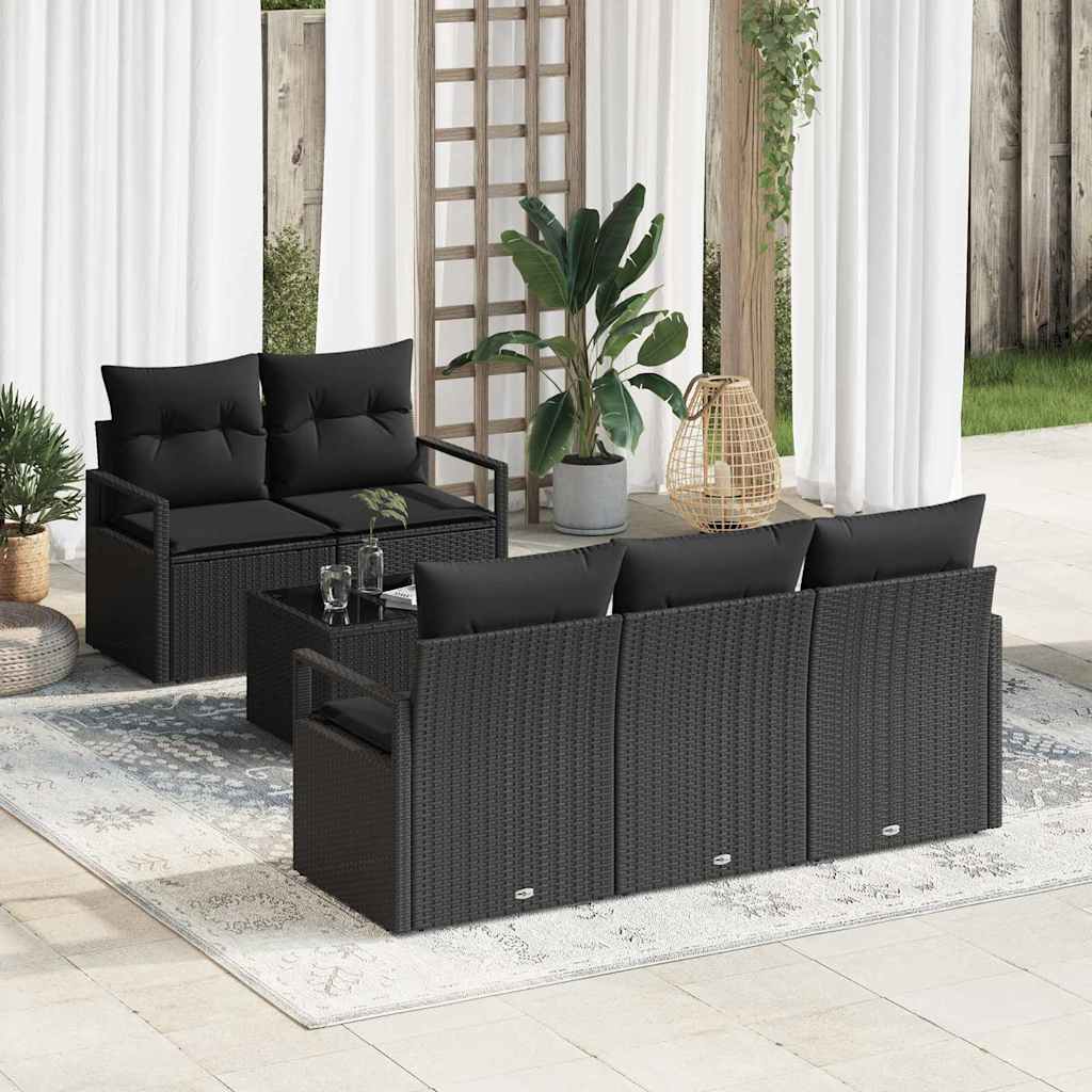 Sofa Set mit Kissen 6 pcs Schwarz Poly Rattan