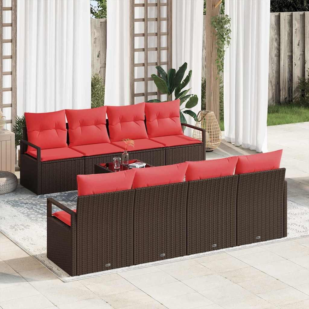 Sofa Set mit Kissen 7 pcs Braun und Rot Poly Rattan
