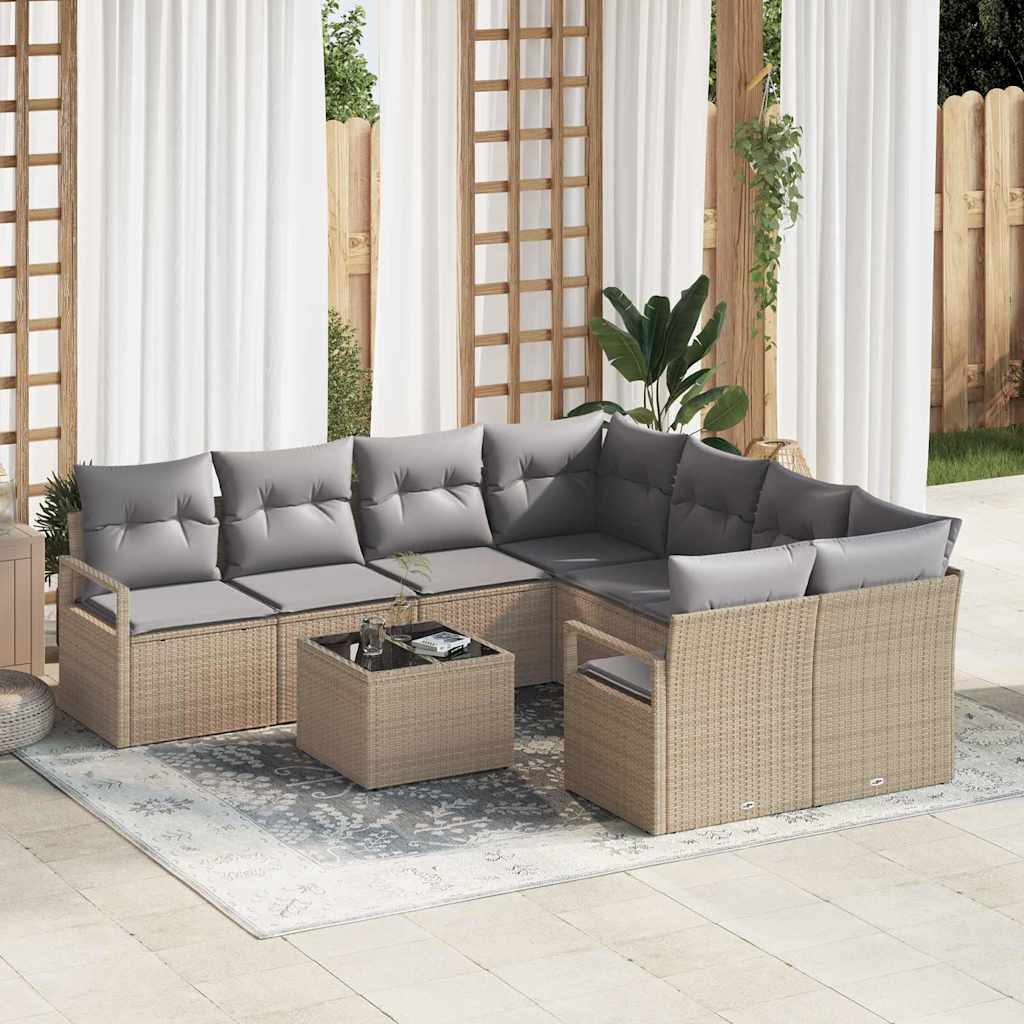 Sofa Set mit Kissen 9 pcs Beige und Grau Poly Rattan
