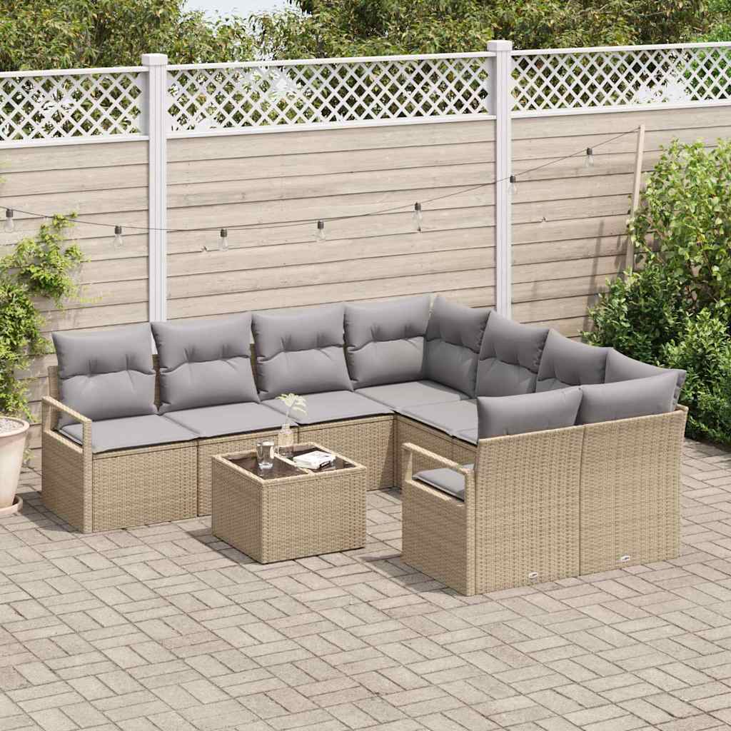 Sofa Set mit Kissen 9 pcs Beige und Grau Poly Rattan