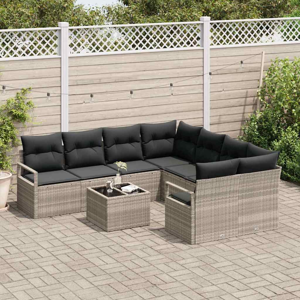 Sofa Set mit Kissen 9 pcs Hellgrau und Schwarz Poly Rattan