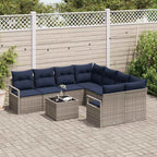 Sofa Set mit Kissen 9 pcs Grau und Marineblau Poly Rattan
