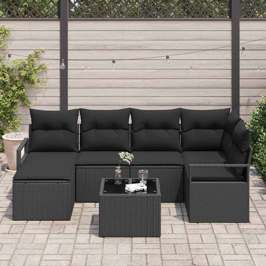 Sofa Set mit Kissen 7 pcs Schwarz Poly Rattan