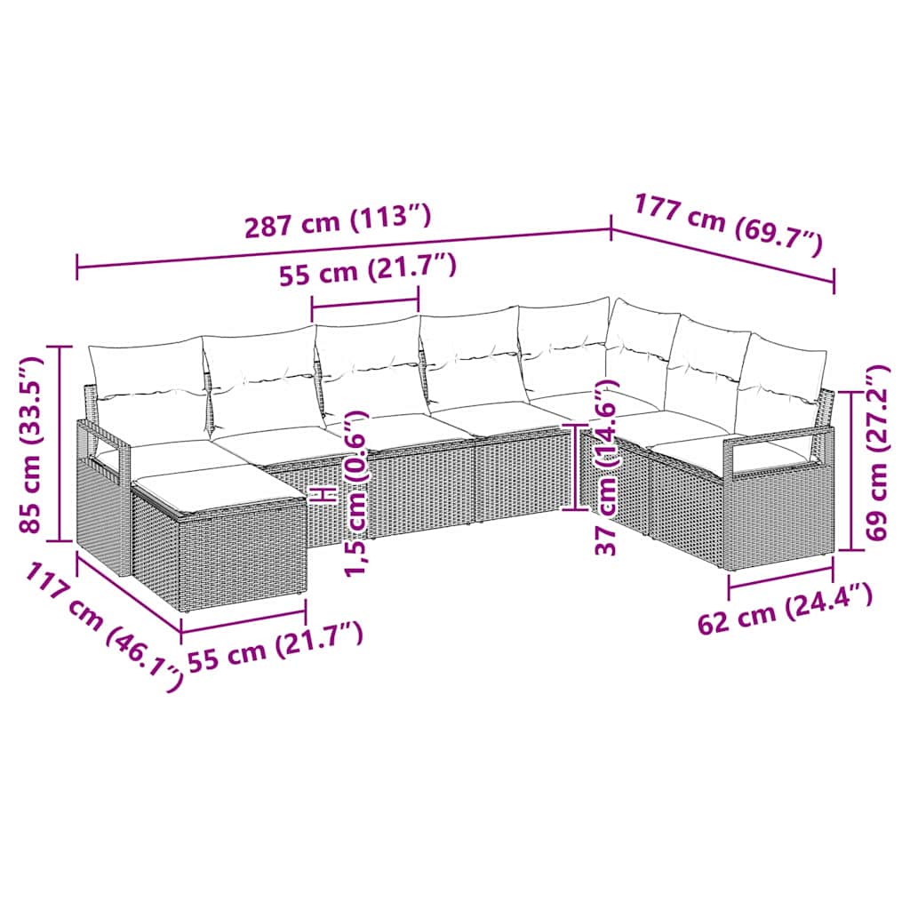 Sofa Set mit Kissen 8 pcs Schwarz Poly Rattan