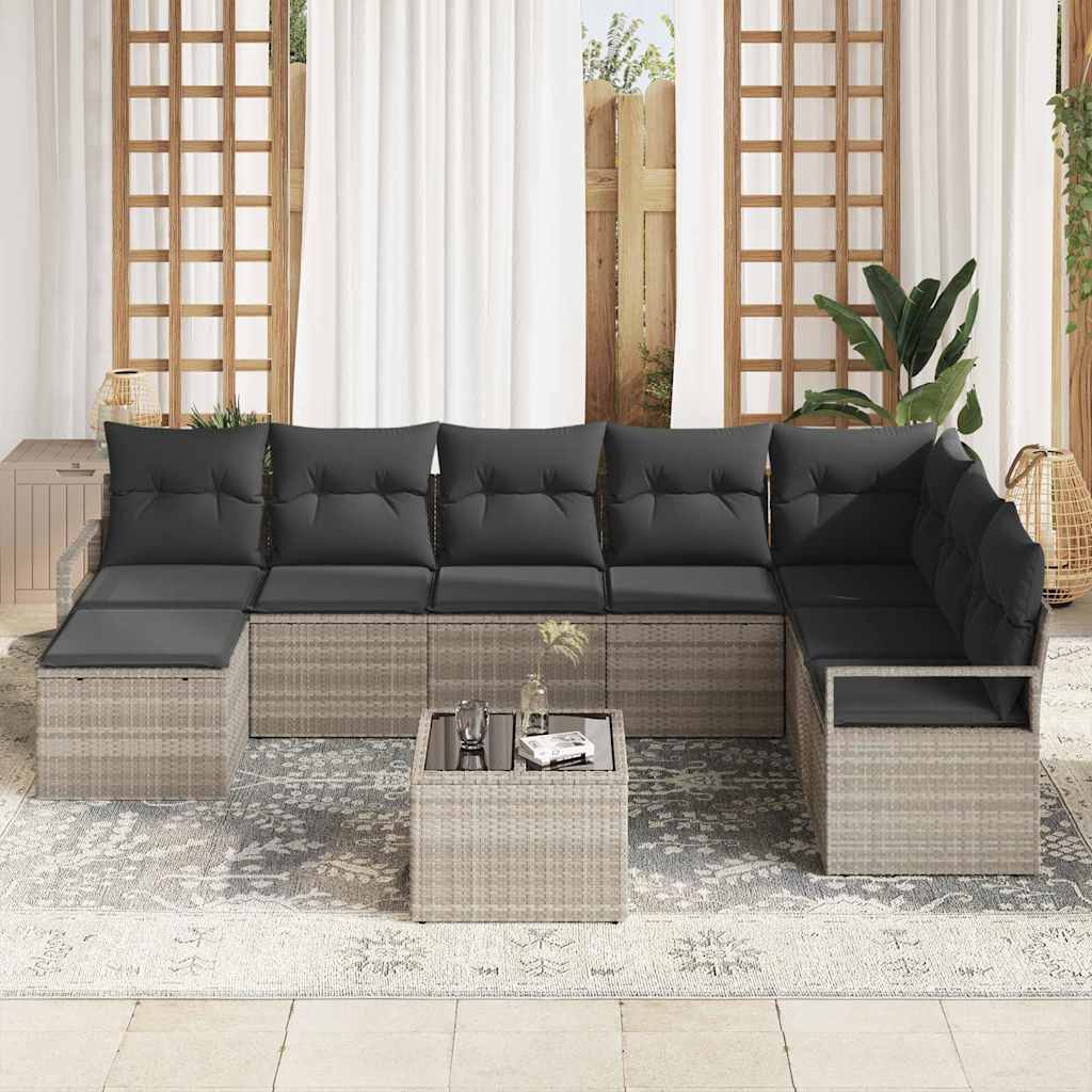 Sofa Set mit Kissen 9 pcs Hellgrau Poly Rattan