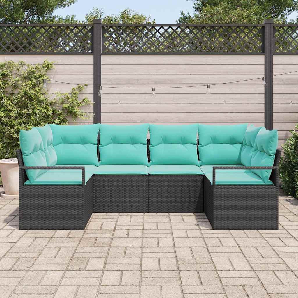 Sofa Set mit Kissen 6 pcs Schwarz Poly Rattan