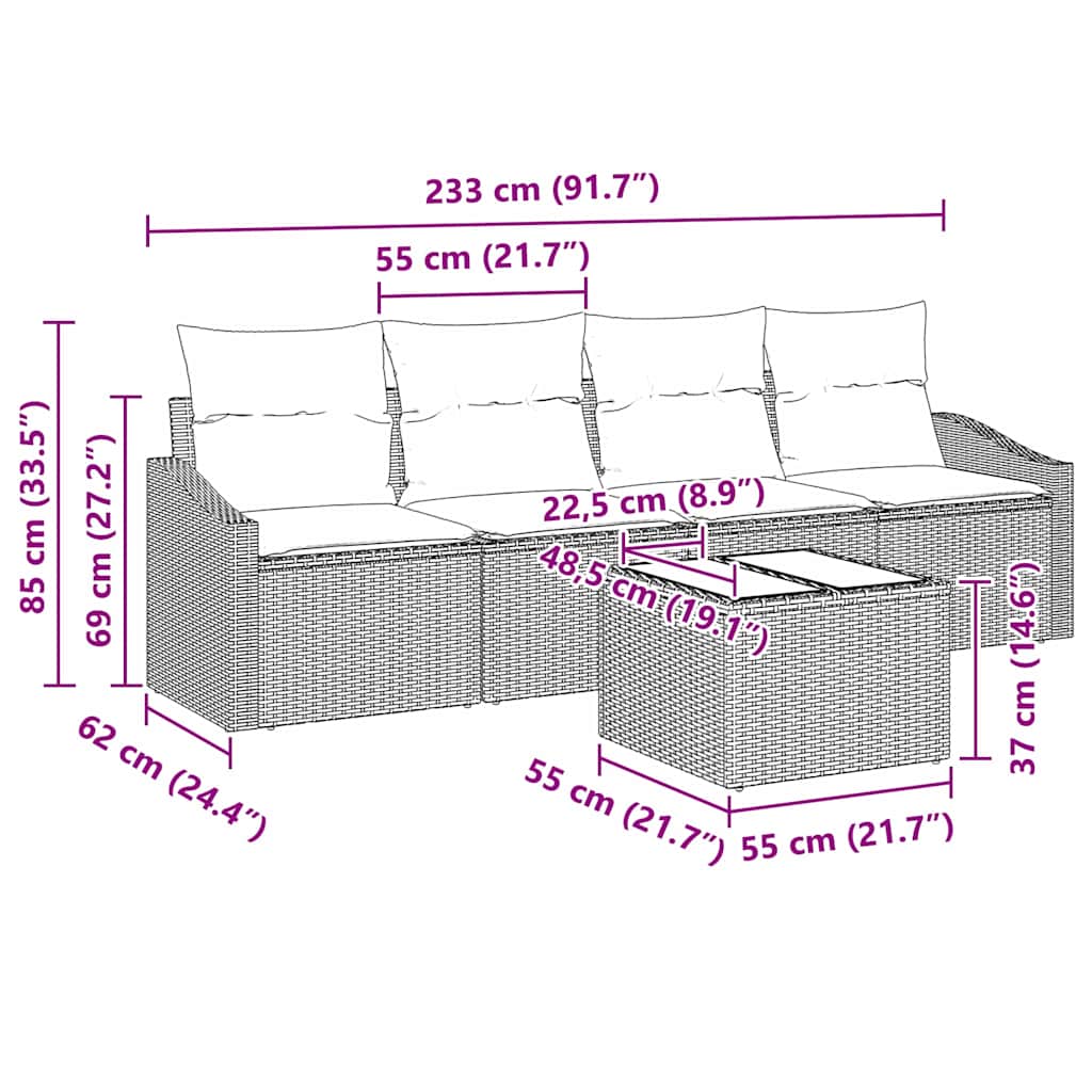 Sofa Set mit Kissen mit Kissen 5 pcs Schwarz Poly Rattan