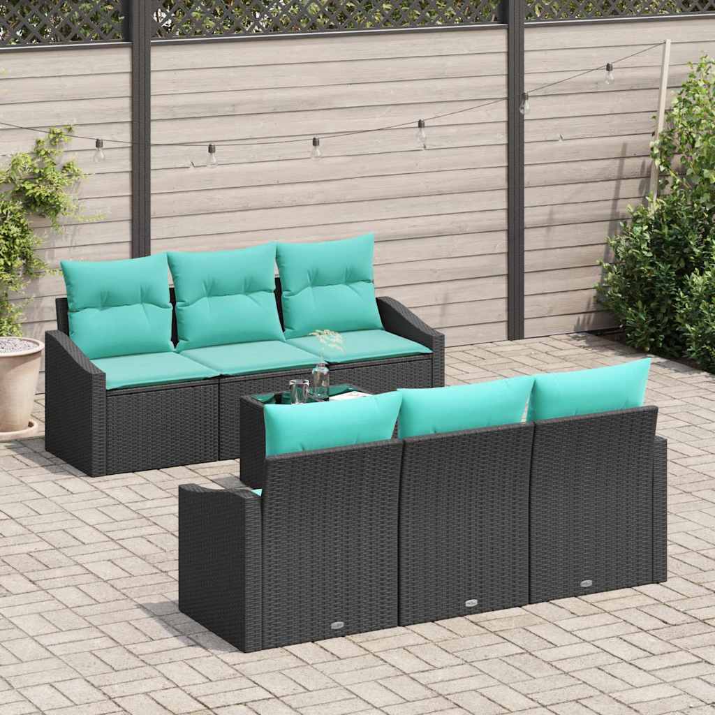 Sofa Set mit Kissen 7 pcs Schwarz und Türkis Poly Rattan