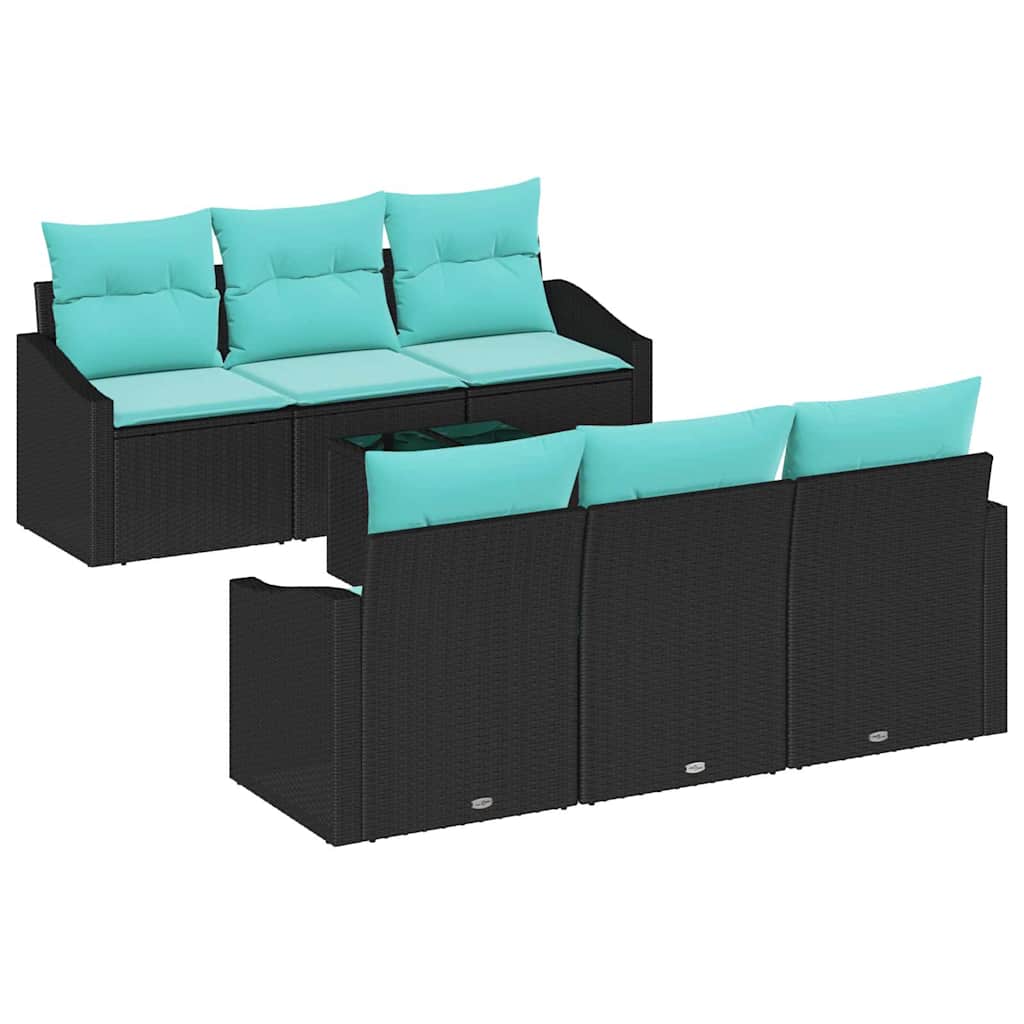 Sofa Set mit Kissen 7 pcs Schwarz und Türkis Poly Rattan