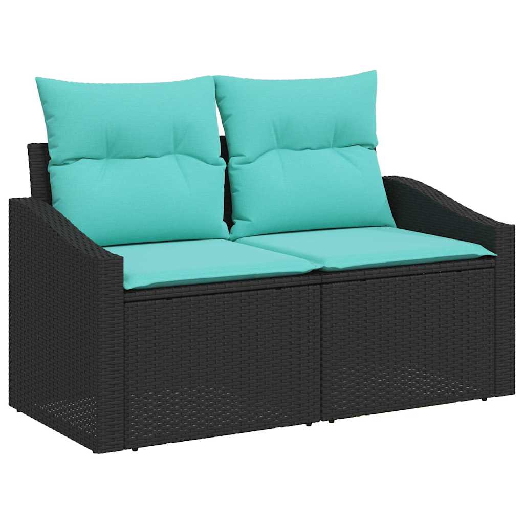 Sofa Set mit Kissen 9 pcs Schwarz und Türkis Poly Rattan