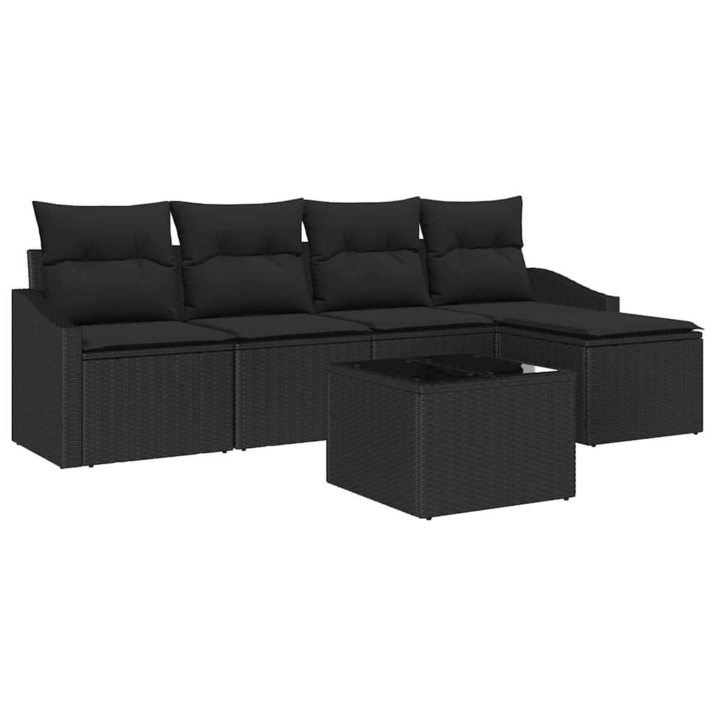 Sofa Set mit Kissen 6 pcs Schwarz Poly-Rattan