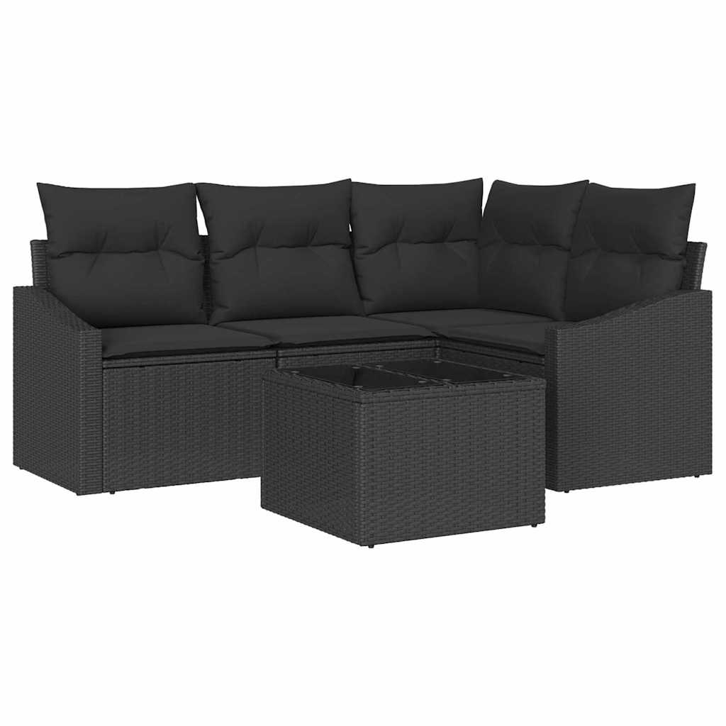 Sofa Set mit Kissen 5 pcs Schwarz Poly Rattan