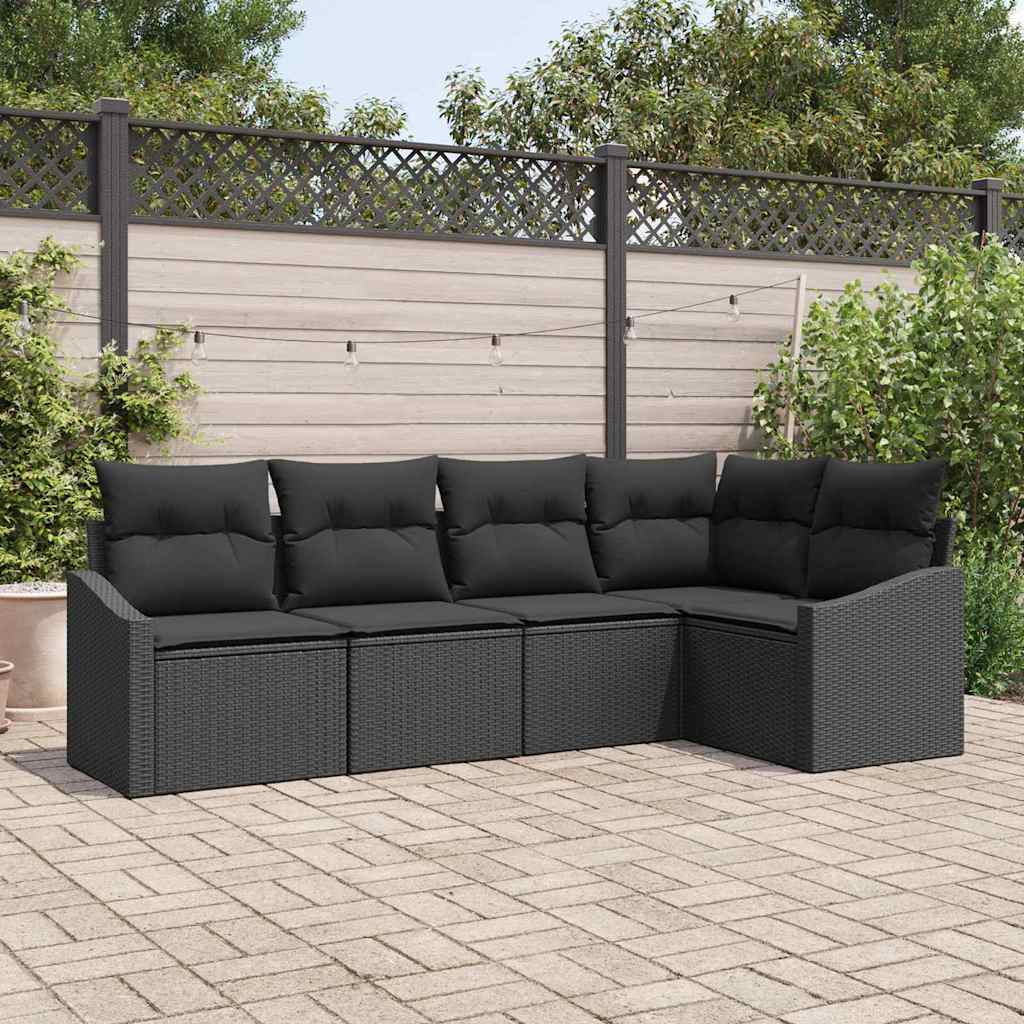 Sofa Set mit Kissen 5 pcs Schwarz Poly-Rattan