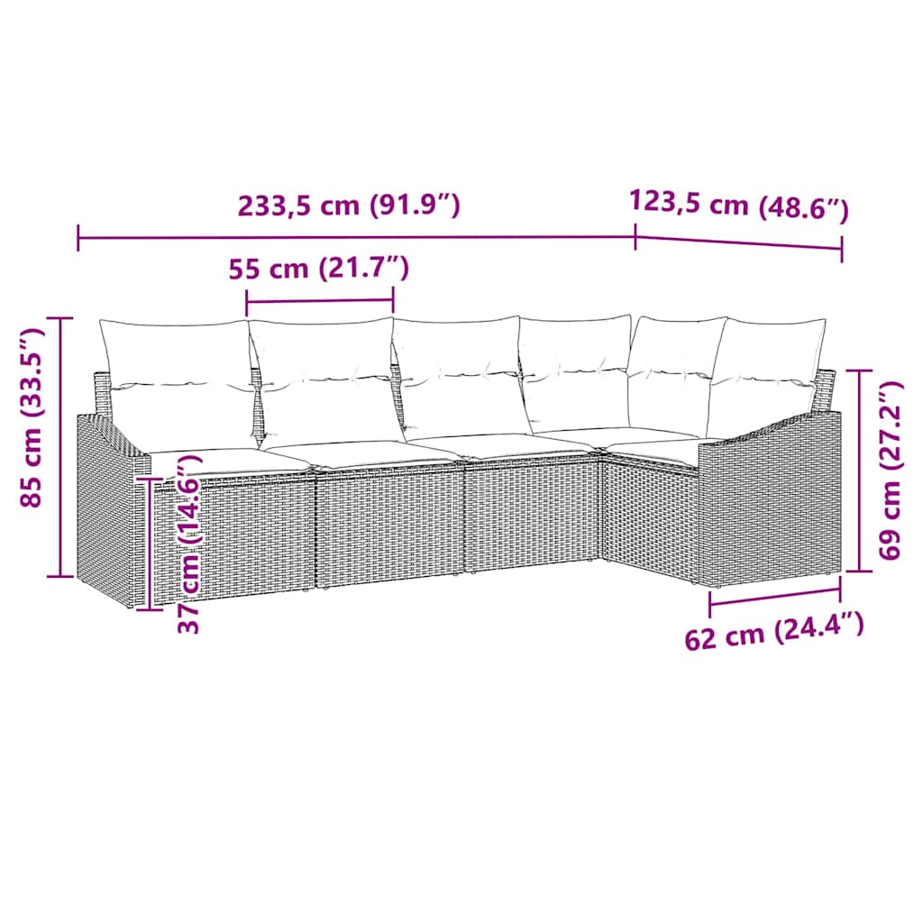 Sofa Set mit Kissen 5 pcs Schwarz Poly-Rattan