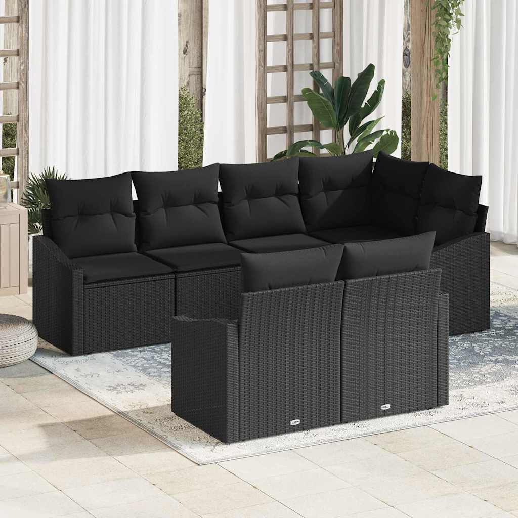 Sofa Set mit Kissen 7 pcs Schwarz Poly Rattan