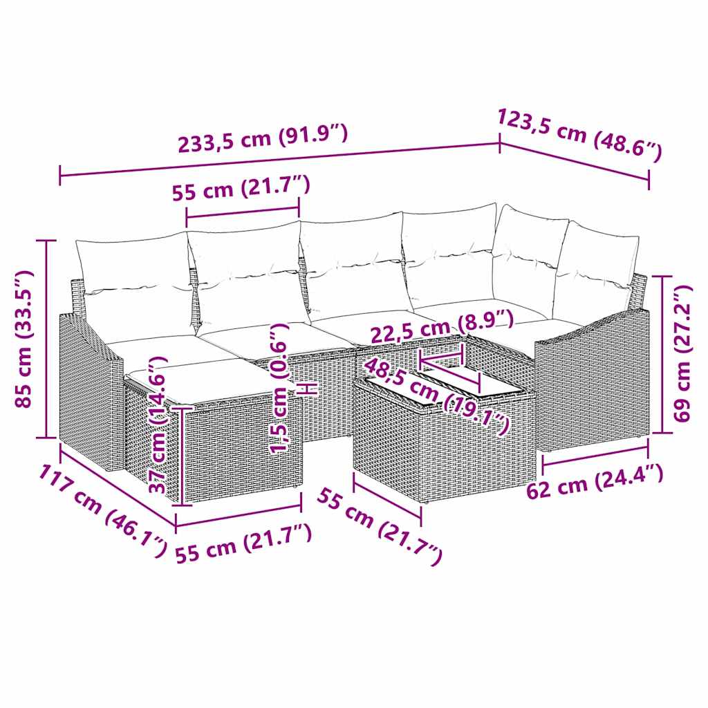 Sofa Set mit Kissen 7 pcs Hellgrau Poly Rattan