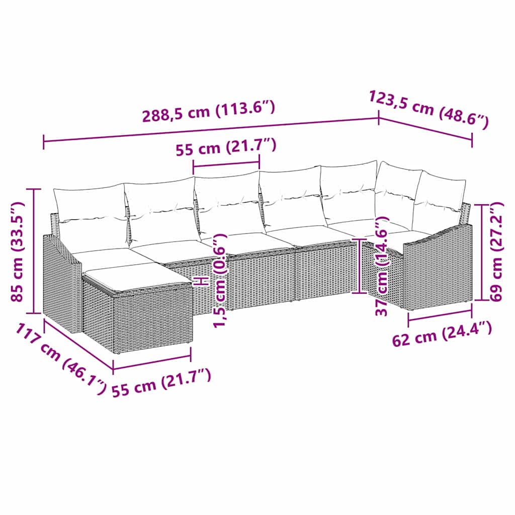 Sofa Set mit Kissen 7 pcs Hellgrau Poly Rattan