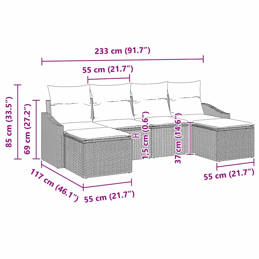 Sofa Set mit Kissen 6 pcs Schwarz Poly-Rattan