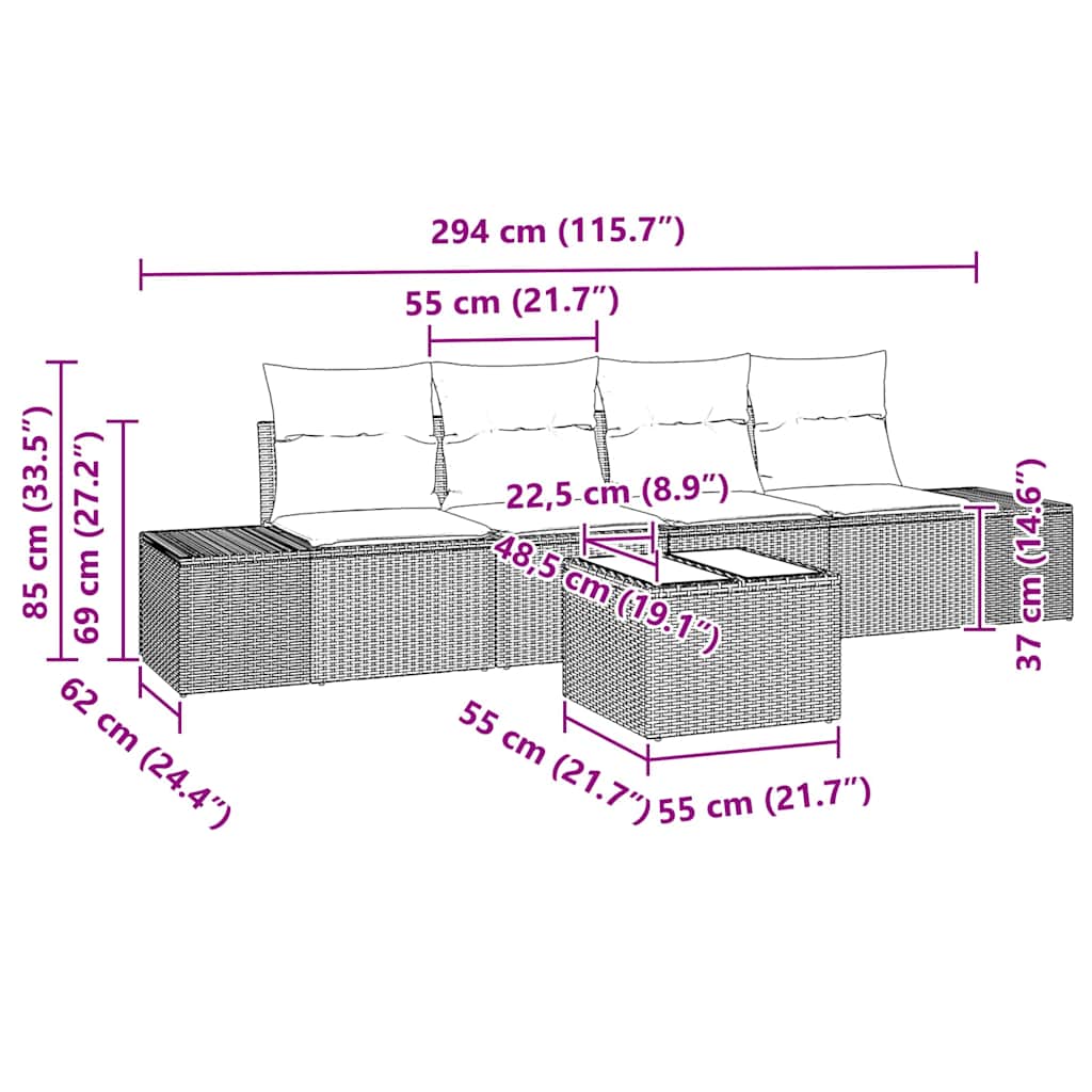 Sofa Set mit Kissen mit Kissen 5 pcs Schwarz Poly Rattan