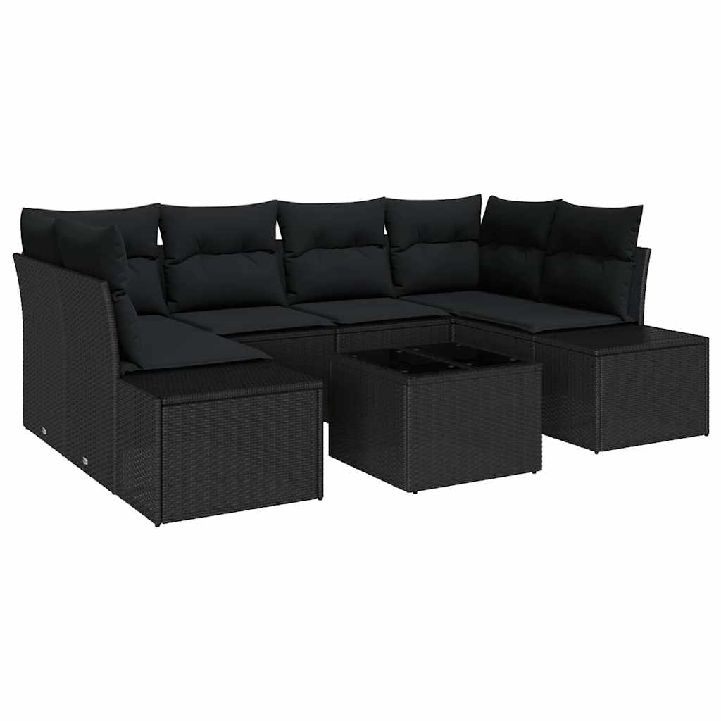 Sofa Set mit Kissen 7 pcs Schwarz Poly Rattan