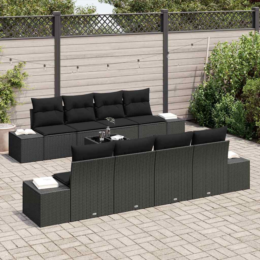 Sofa Set mit Kissen 7 pcs Schwarz Poly Rattan