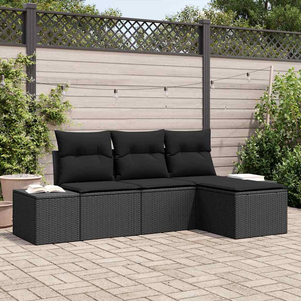 Sofa Set mit Kissen 4 pcs Schwarz Poly Rattan