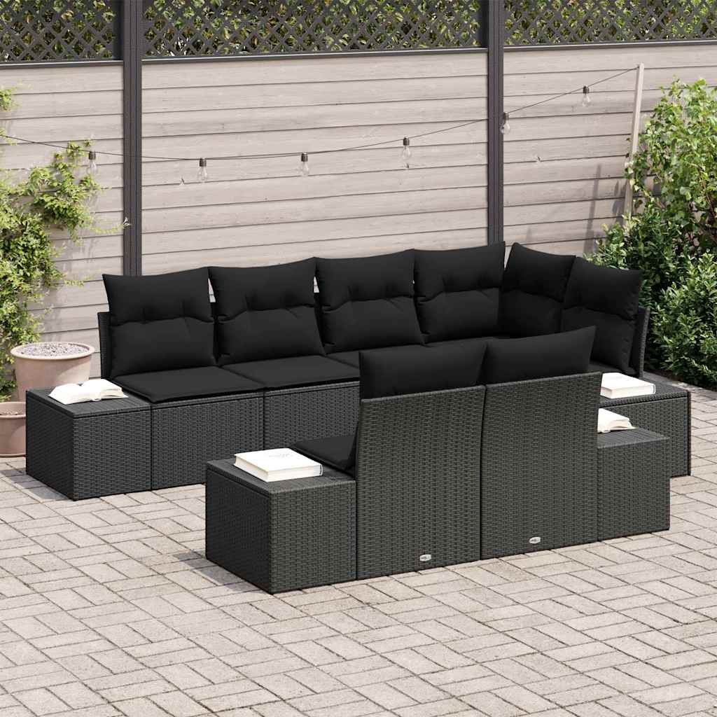 Gartensofa-set mit Kissen 7 pcs Schwarz Poly-Rattan