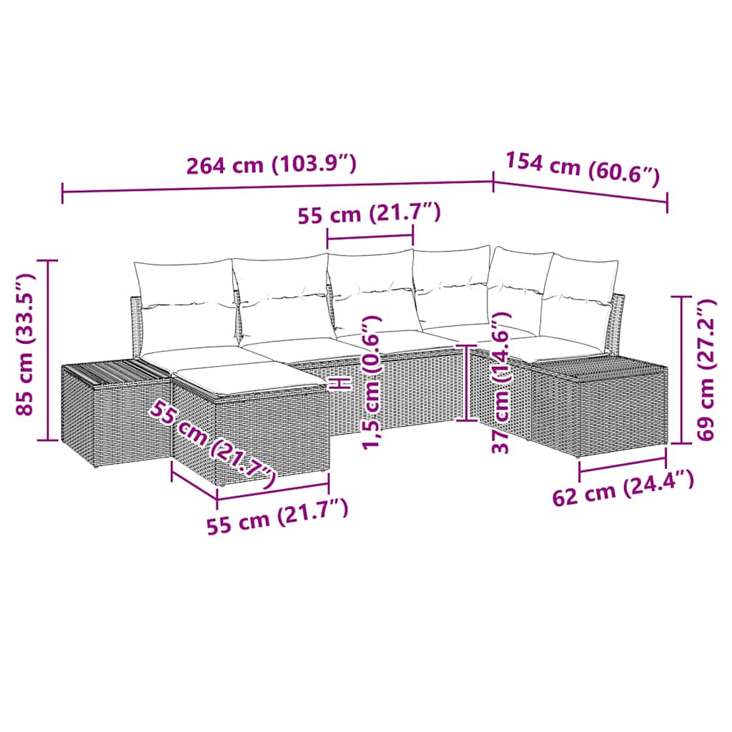 Gartensofa-set mit Kissen 6 pcs Hellgrau Poly-Rattan