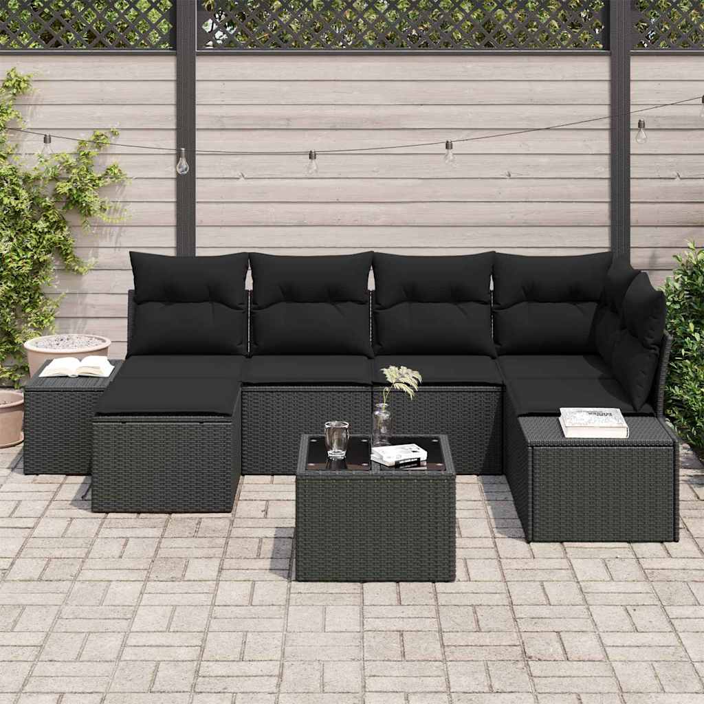 Gartensofa-set mit Kissen 7 pcs Schwarz Poly-Rattan