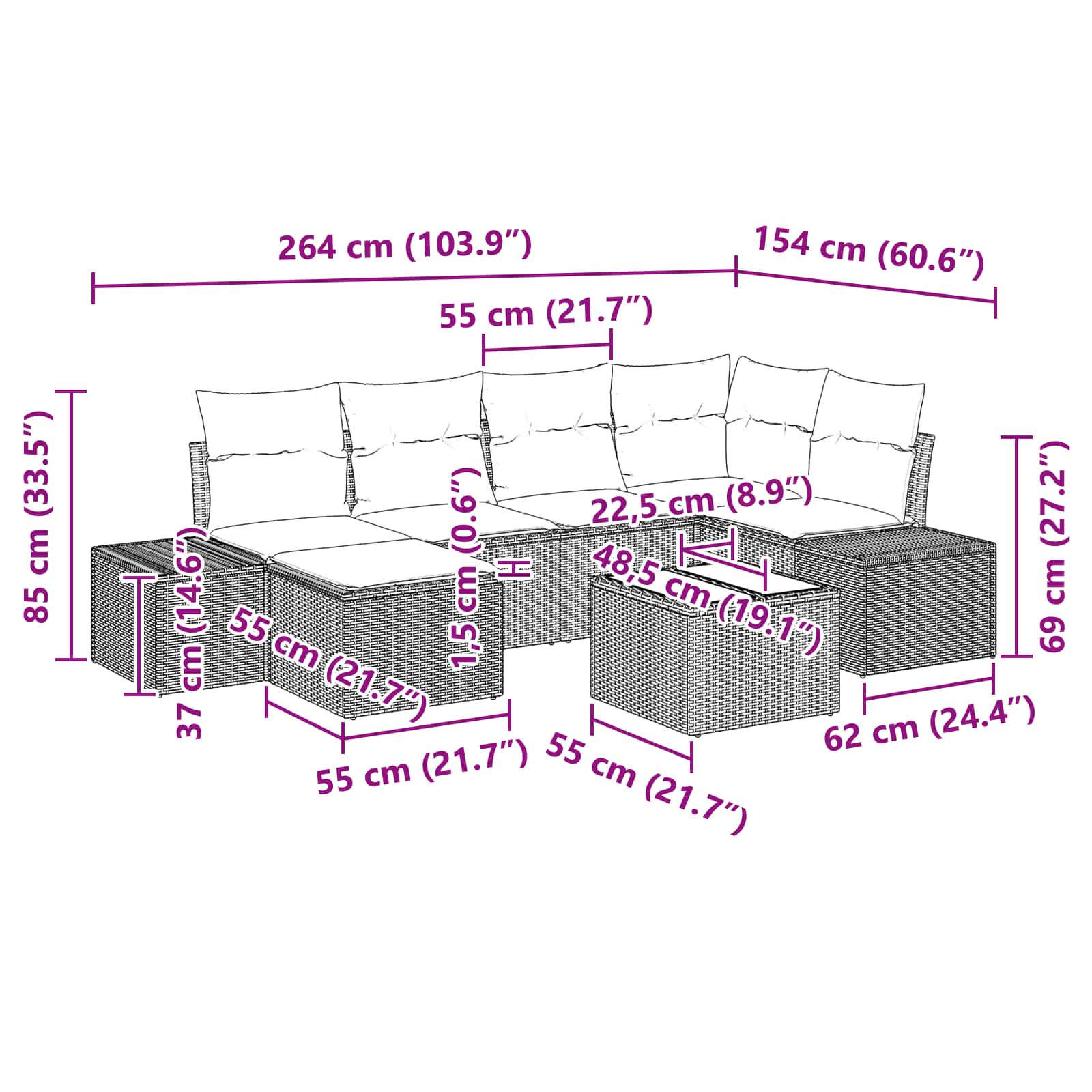 Gartensofa-set mit Kissen 7 pcs Braun Poly-Rattan