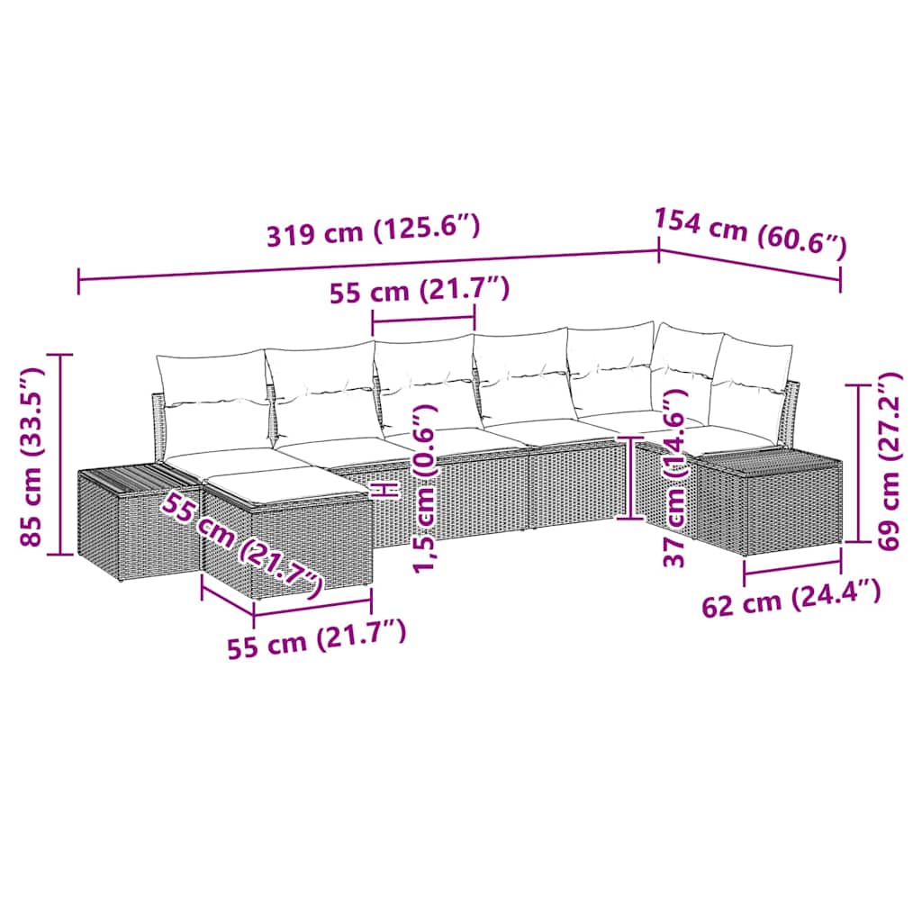 Gartensofa-set mit Kissen 7 pcs Hellgrau Poly-Rattan