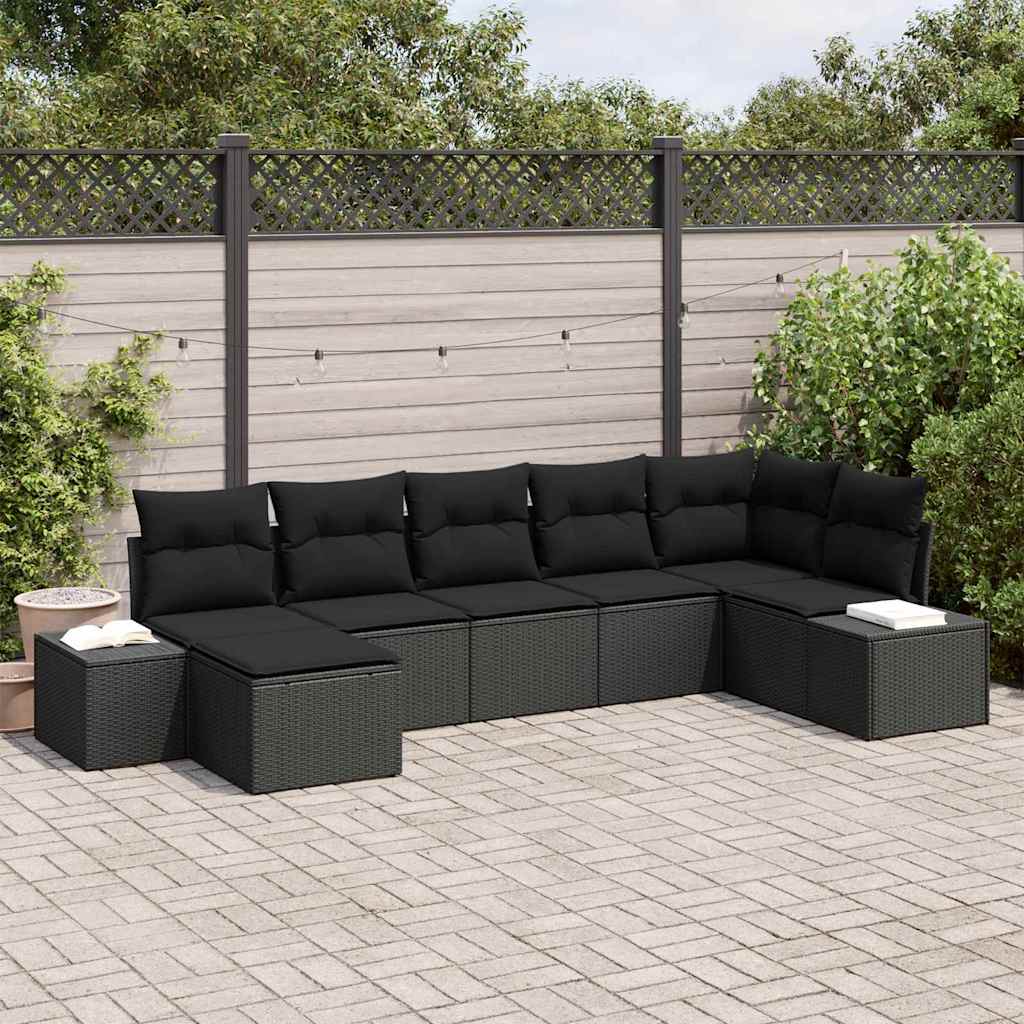 Gartensofa-set mit Kissen 7 pcs Schwarz Poly-Rattan
