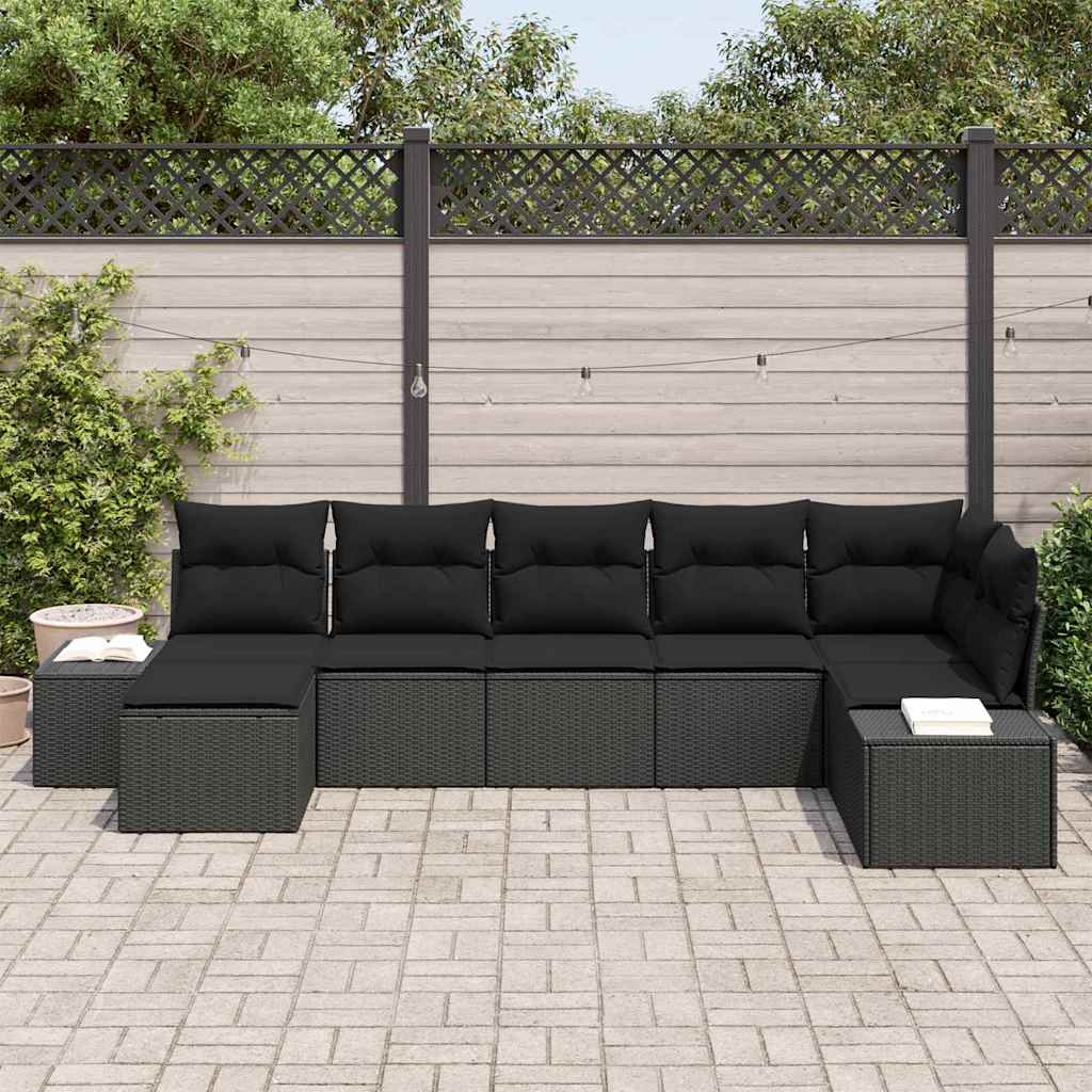 Gartensofa-set mit Kissen 7 pcs Schwarz Poly-Rattan