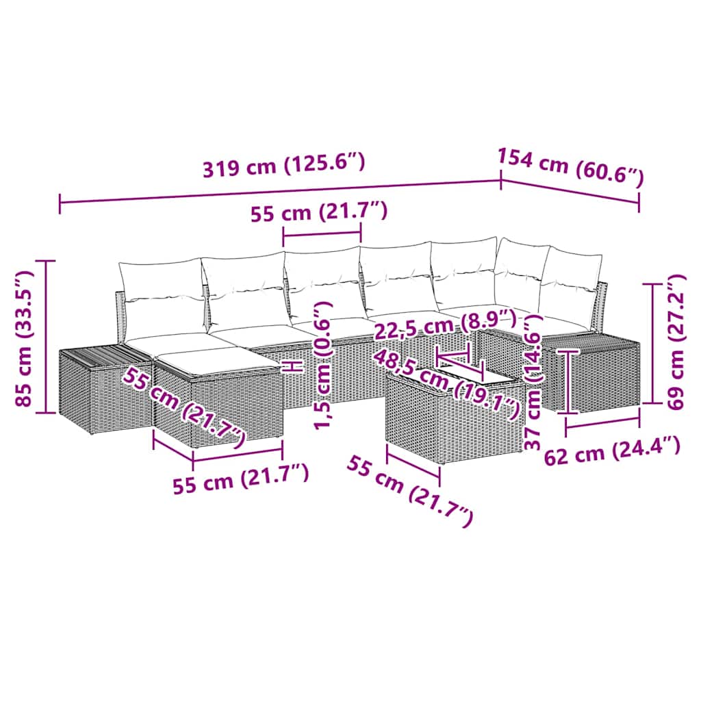 Gartensofa-set mit Kissen 8 pcs Grau Poly-Rattan
