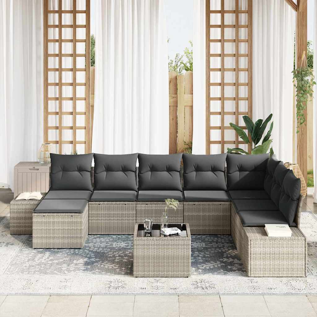 Gartensofa-set mit Kissen 9 pcs Hellgrau Poly-Rattan