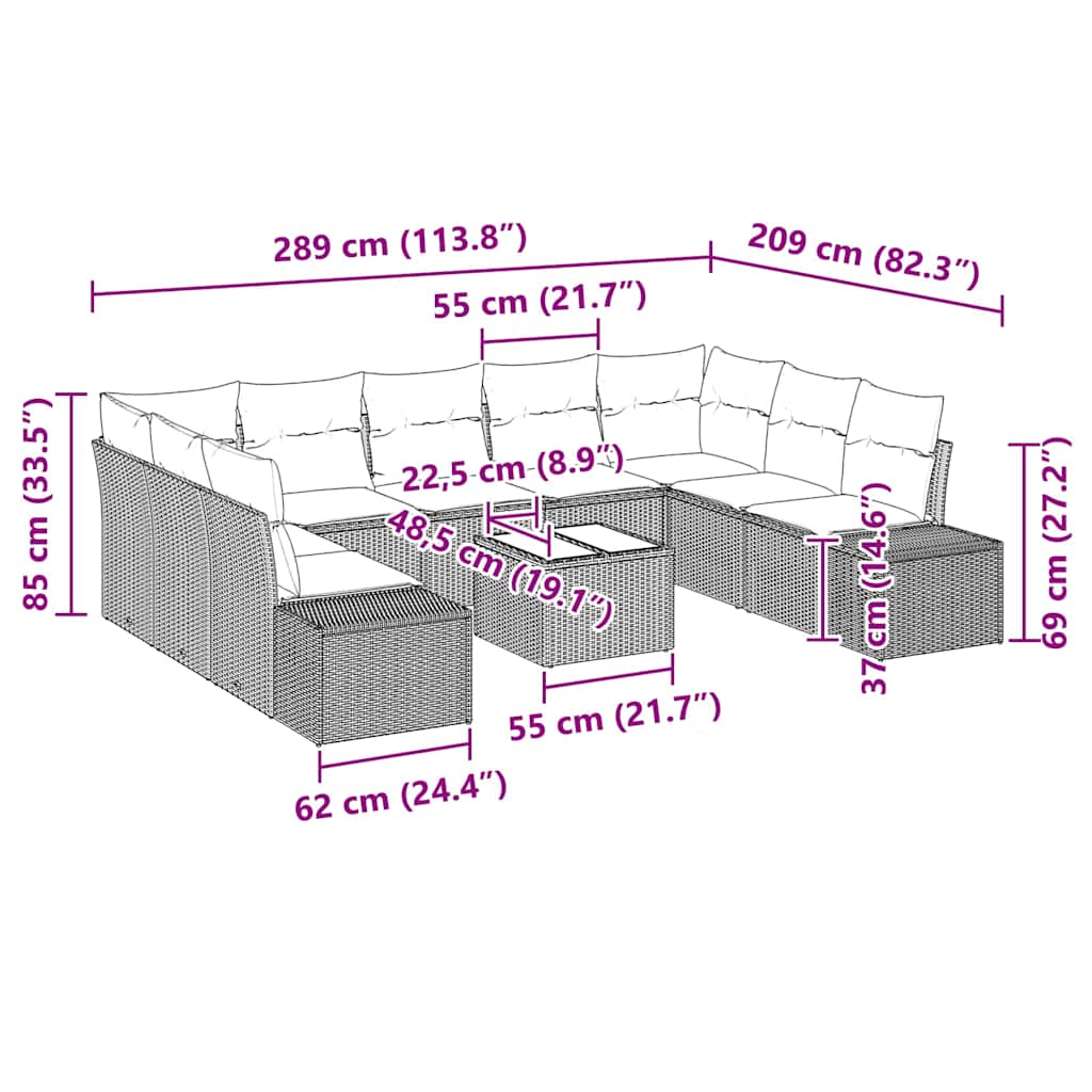 Gartensofa-set mit Kissen 10 pcs Hellgrau Poly-Rattan