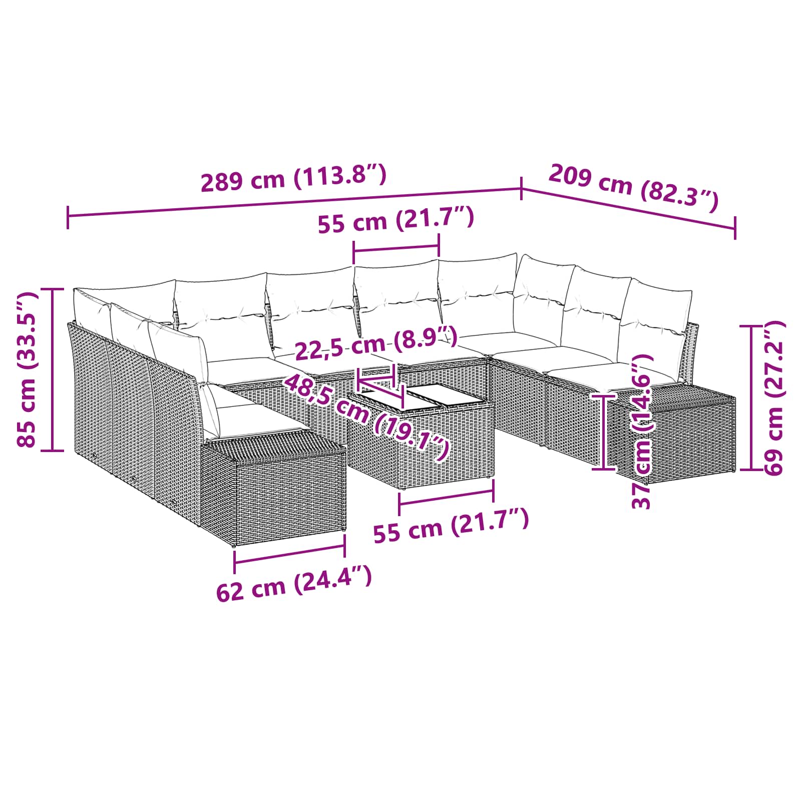Gartensofa-set mit Kissen 10 pcs Braun Poly-Rattan