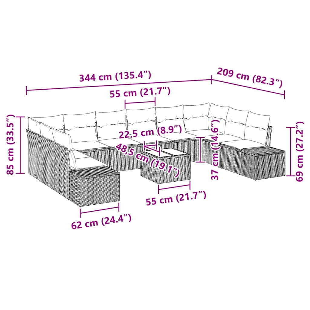 Gartensofa-set mit Kissen 11 pcs Beige Poly-Rattan