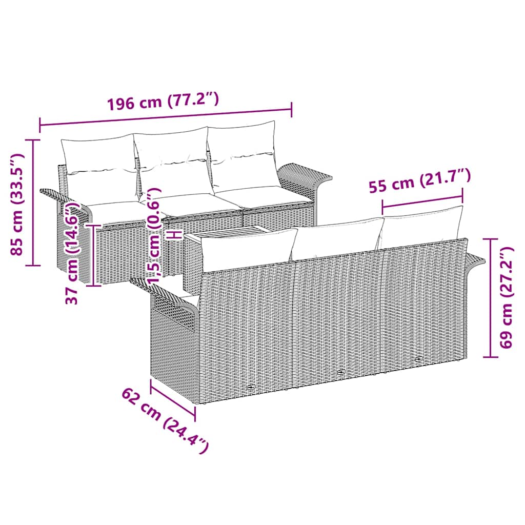 Gartensofa-set mit Kissen 7 pcs Grau Poly-Rattan
