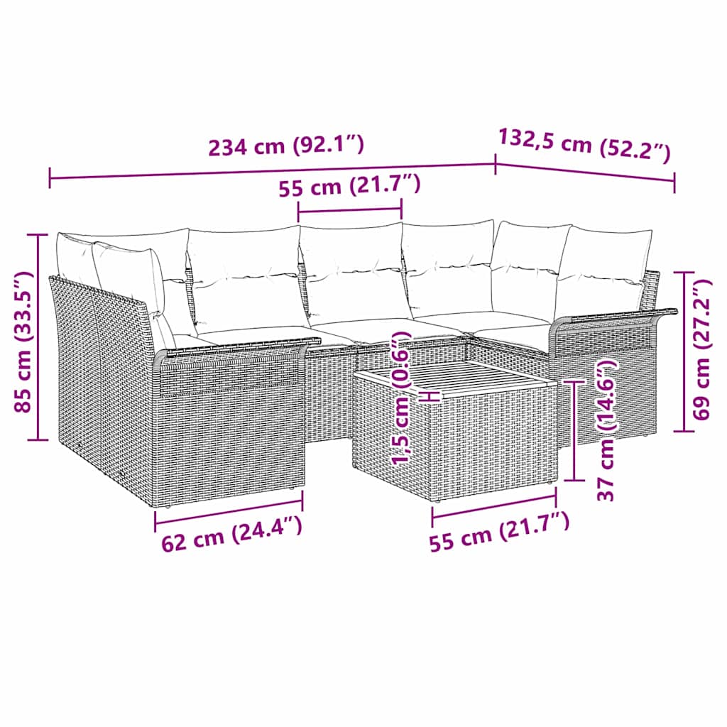 Gartensofa-set mit Kissen 7 pcs Grau Poly-Rattan