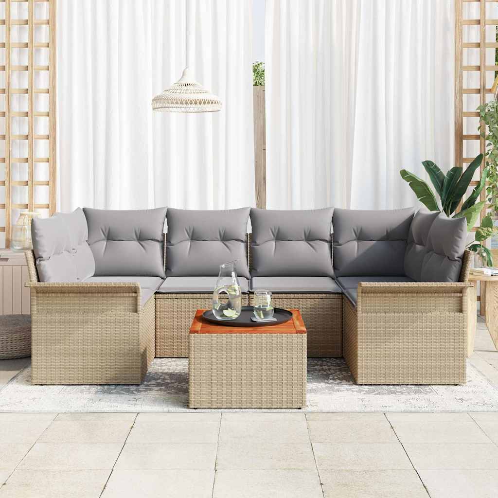 Gartensofa-set mit Kissen 7 pcs Beige Poly-Rattan