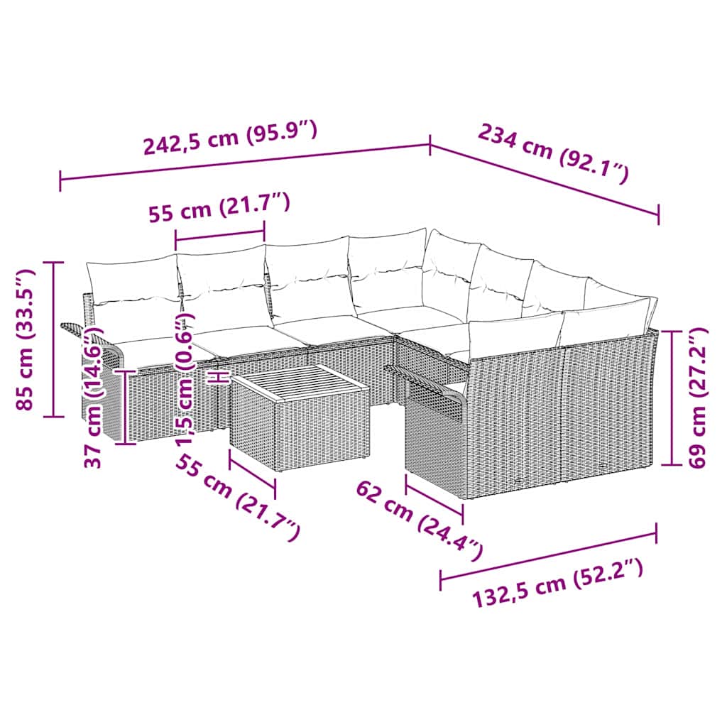 Gartensofa-set mit Kissen 9 pcs Grau Poly-Rattan