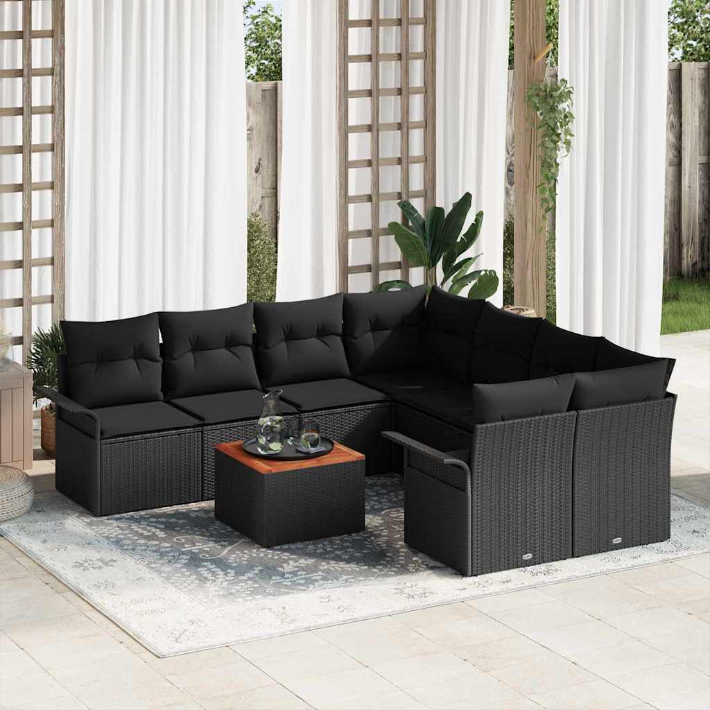 Gartensofa-set mit Kissen 9 pcs Schwarz Poly-Rattan