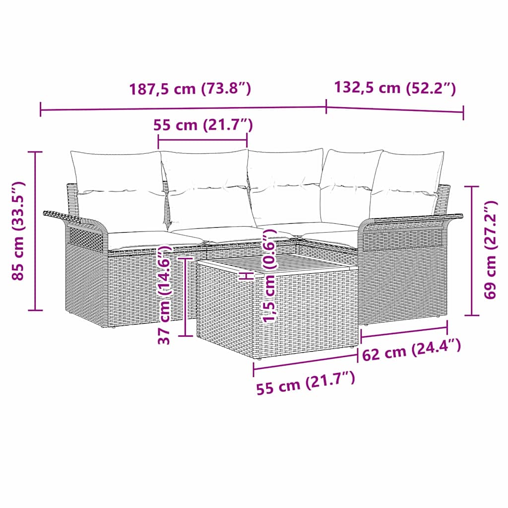 Gartensofa-set mit Kissen 5 pcs Schwarz Poly-Rattan