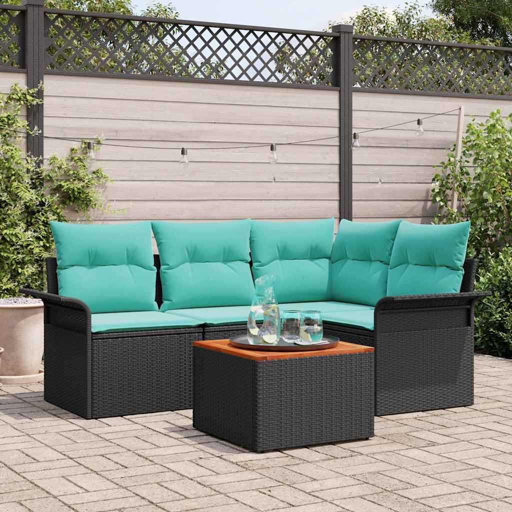 Gartensofa-set mit Kissen 5 pcs Schwarz Poly-Rattan