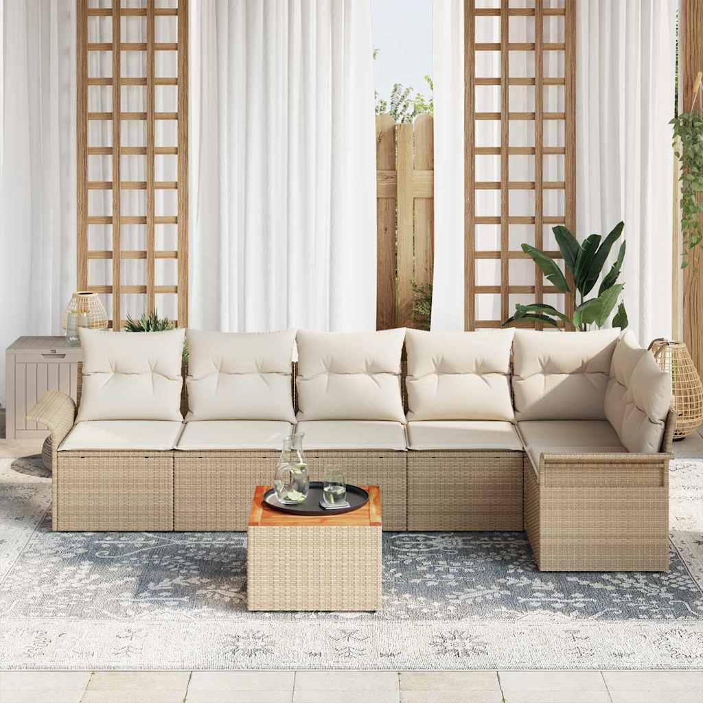 Gartensofa-set mit Kissen 7 pcs Beige Poly-Rattan