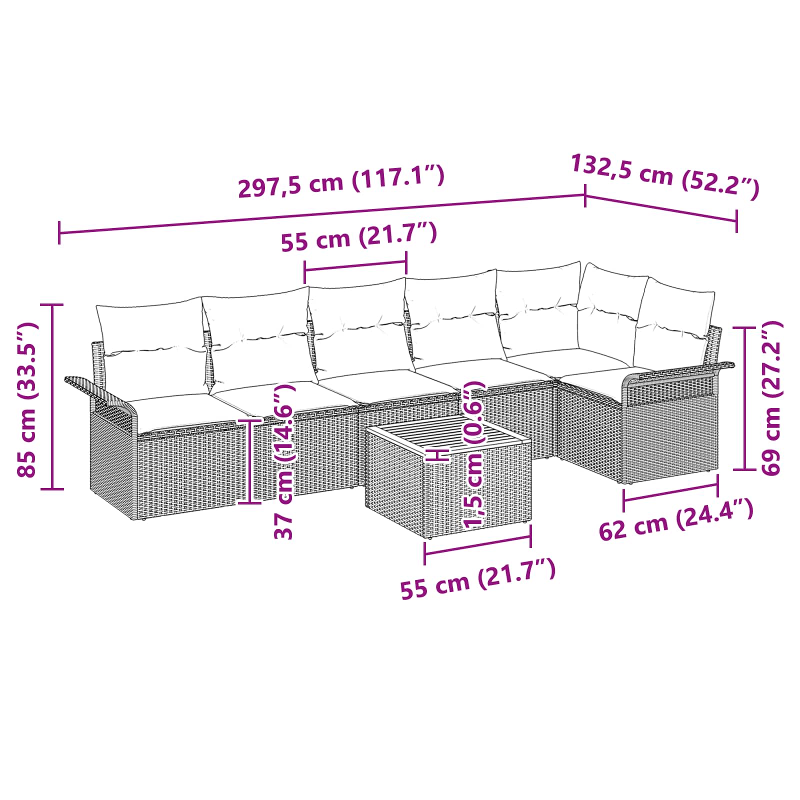 Gartensofa-set mit Kissen 7 pcs Grau Poly-Rattan