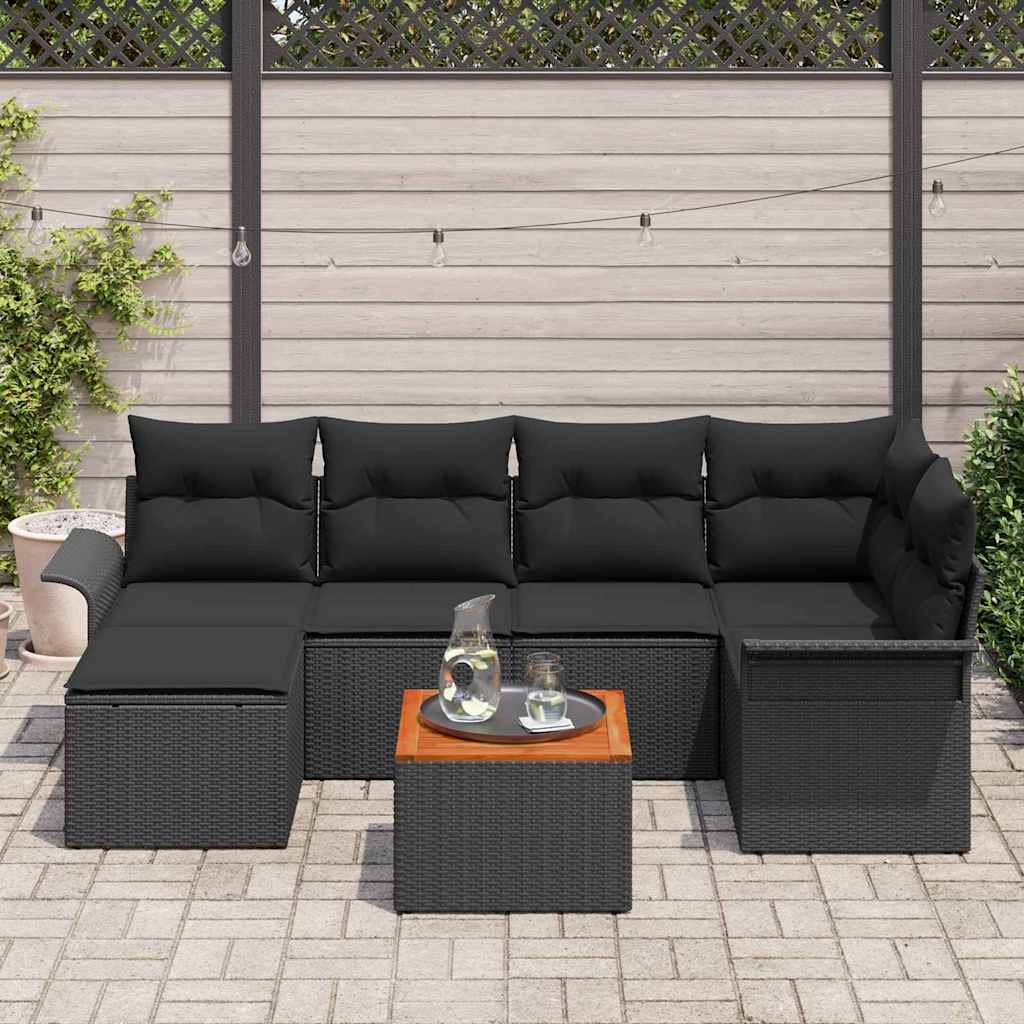Gartensofa-set mit Kissen 7 pcs Schwarz Poly-Rattan