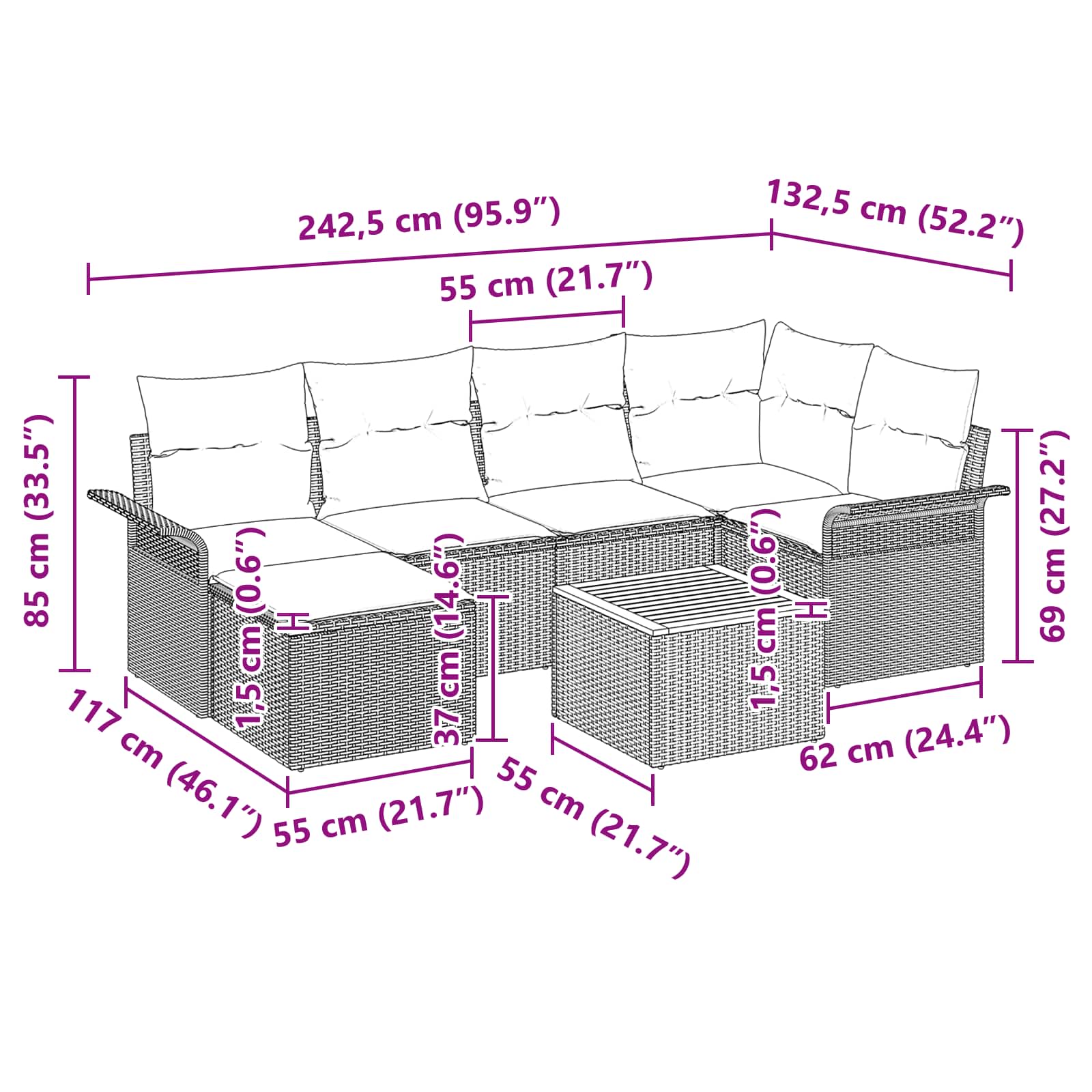 Gartensofa-set mit Kissen 7 pcs Grau Poly-Rattan