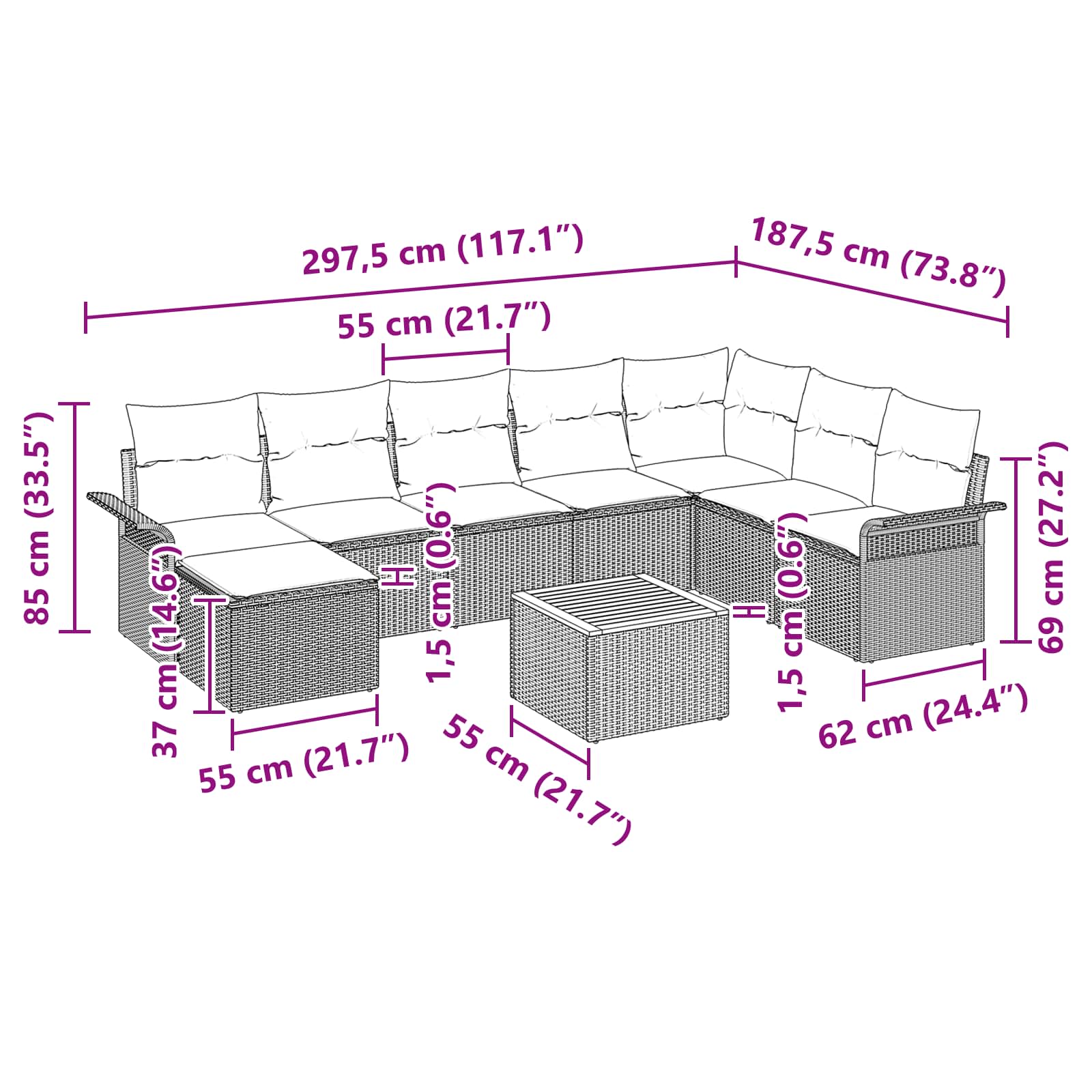Gartensofa-set mit Kissen 9 pcs Schwarz Poly-Rattan